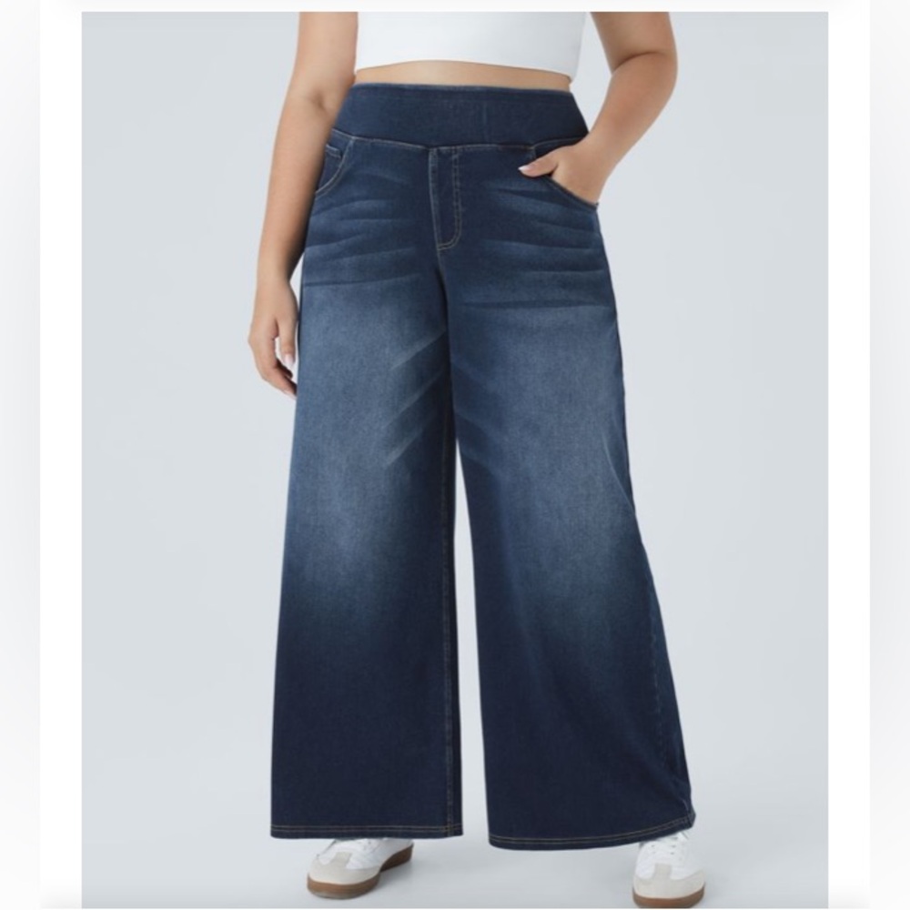 Halara Flex™ High Waisted Pockets Baggy Wide Leg Washed Casual Plus Size Jeans